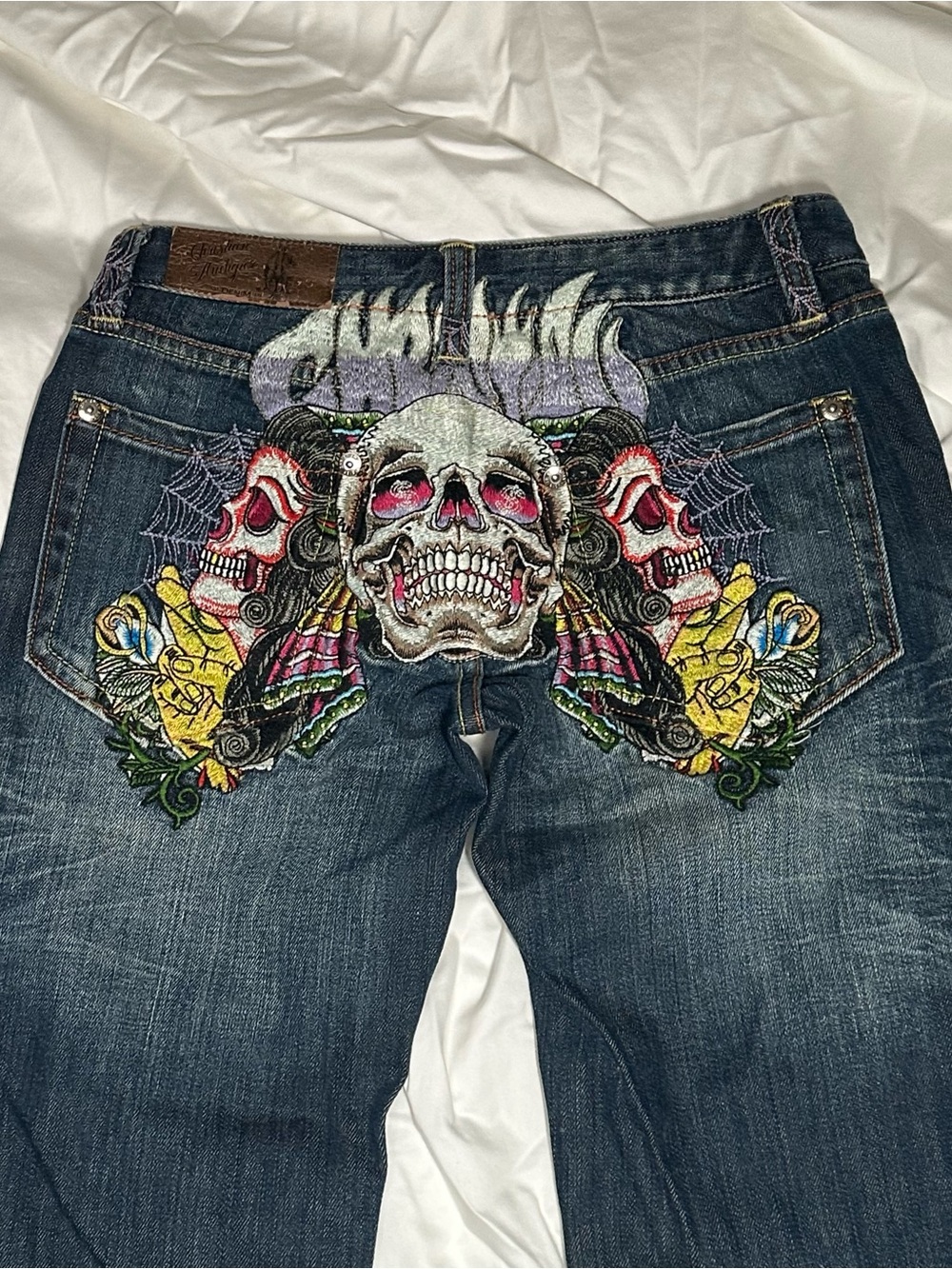 Vintage Y2K Christian Audigier Triple Skull Embroidered Bootcut Jeans W30 L34